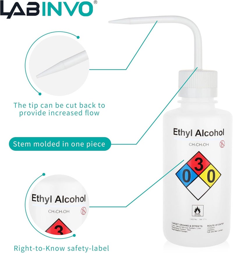LINVO 4PCS of Ethyl Alcohol Wash Bottles, Vol.500ml (17oz), Narrow Mouth, Self-Venting Safety Wash Bottle, LDPE Material, IN-WBE500 - Image 3